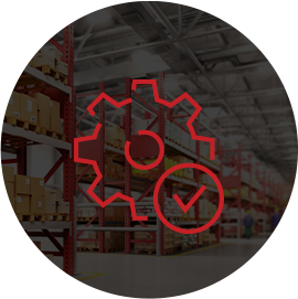 Gear icon with a checkmark on an image of a warehouse with a black background